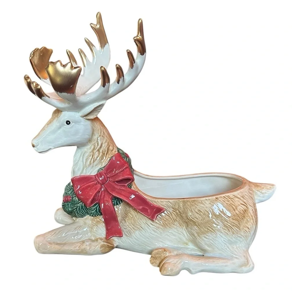 Fitz and Floyd Stag/Reindeer with Christmas Garland Red Bow 1991